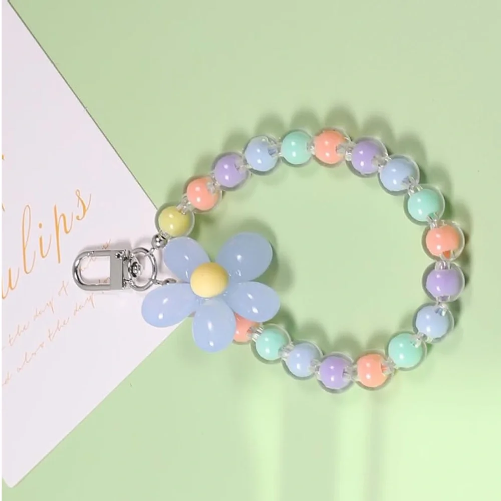 Colorful Pastel Beaded Flower Wrist Phone Lanyard Bracelet Keychain NWT